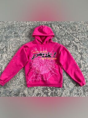 Girls' Bright Pink Hooded Sweatshirt with Spiderweb Graphic